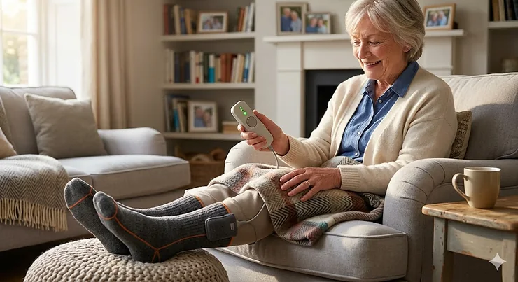 A photorealistic image of a joyful senior woman sitting comfortably on a sofa, wearing thick heated socks and easily adjusting the temperature with a large-button remote control. heated socks with easy controls for seniors