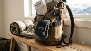 A travel backpack resting on a wooden bench, packed with a folded blanket, hiking boots, and a pair of heated socks visible in an outer pocket, with a "Norway Winter Trail" map inside.