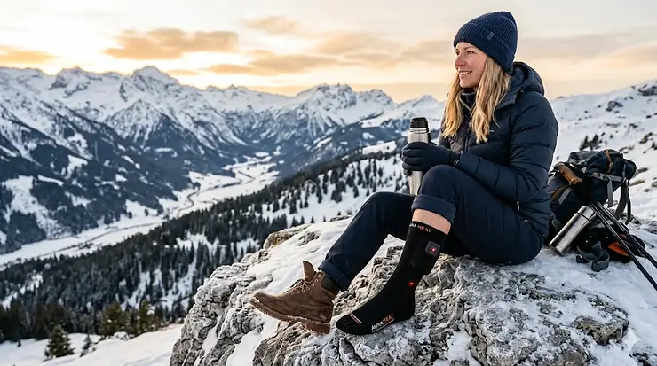 A person wearing black rechargeable heated socks while standing in the snow during a winter hike.