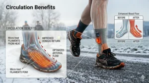 Illustration showing how heated socks improve blood circulation in a runner's feet during extreme cold.