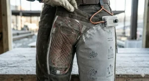Detail view of the moisture-wicking and breathable inner lining of heated work pants.