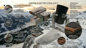 Cross-section illustration of the breathable, moisture-wicking fabric layers of rechargeable heated socks.