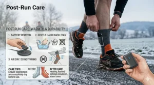 Infographic showing the proper way to wash and maintain heated socks to ensure longevity during winter training.