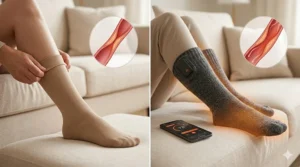 A photorealistic 4K image with a split panel. The left shows a standard beige compression stocking being tightly adjusted; the right shows the subject wearing a heated sock with an integrated cuff, emitting gentle warmth. The nearby smartphone displays the active heat control interface, comparing these two circulation support methods.