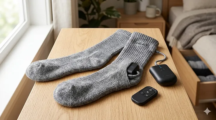A pair of gray diabetic safe heated socks displayed with their battery packs and a remote control on a clean white background.