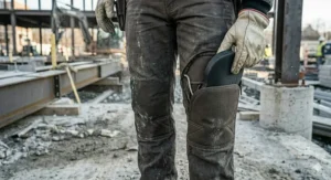 Close-up of reinforced kneepad pockets on durable heated work pants for construction work.