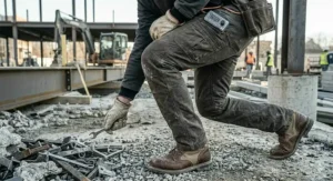 Worker bending down showcasing the flexible mobility of heated work pants for outdoor construction.