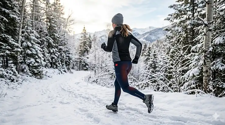 Person jogging on a snowy trail wearing high-performance heated leggings for winter running.