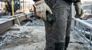 Close-up of the integrated battery pocket on heated work pants for outdoor construction.