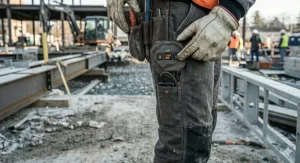 Adjusting the temperature settings on high-performance heated work pants for cold weather.
