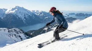 A woman adjusting the temperature settings on her heated ski pants using a smartphone app.