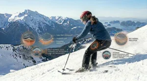Full outfit layout featuring heated ski pants for women, ski boots, and thermal layers.