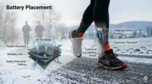 Close-up illustration of a slim battery pack integrated into a heated sock for comfortable winter running.