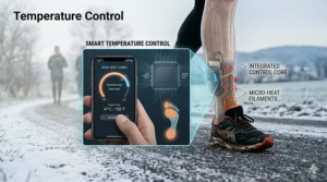A runner adjusting the temperature of their heated socks via a smartphone app during a winter workout.