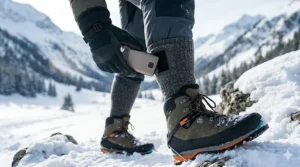 A photorealistic 4K close-up in a snowy outdoor setting, showing a hiker's gloved hand inserting an ultra-slim, custom-shaped lithium-ion battery pack into a dedicated, form-fitting pocket on the cuff of a heated sock. The high detail highlights the integrated technology.