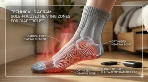 Technical illustration showing carbon fiber heating elements placed under the toes and ball of the foot in diabetic safe socks.
