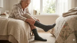 An elderly person easily putting on stretchy heated socks to manage chronic cold feet and improve blood flow.