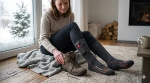 A smartphone app displaying adjustable heat settings for electric socks to prevent overheating.