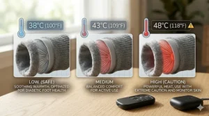 Graphic showing three heat levels (Low, Medium, High) for diabetic socks to ensure safe, consistent warmth without overheating.