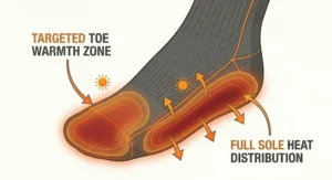 An infrared-style illustration showing uniform heat distribution across the toes and soles of heated socks for seniors.