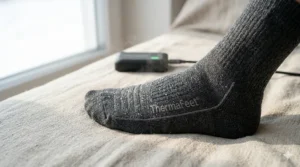 A hiker wearing winter boots and heated socks to prevent Raynaud's flare-ups in snowy conditions.