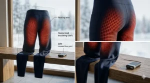 A high-detail, photorealistic diagram showing the embedded, glowing red heating wire grid system positioned over the rear hamstrings and glutes of a pair of dark navy thermal running leggings, viewed in soft, natural daylight.