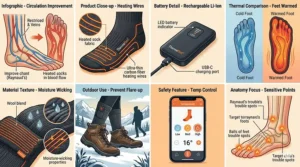 Diagram showing how heating elements in electric socks improve blood circulation for Raynaud's sufferers.