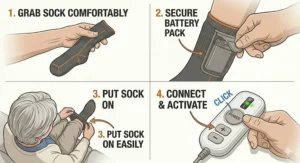 Simple four-panel step-by-step graphic showing how to put on heated socks, insert the battery, and power on.