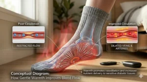 Conceptual illustration showing how gentle warmth from diabetic safe heated socks helps support blood flow and circulation in the feet.