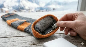 USB charging port detail on high-performance heated socks for kids.
