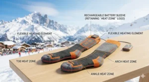 Diagram showing heating elements integrated into kids' ski socks.