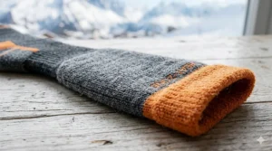 Close-up of breathable merino wool fabric on kids heated ski socks.