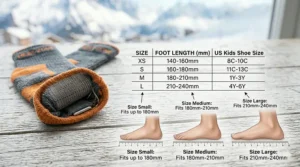 Size chart for choosing the right fit for kids heated ski socks.