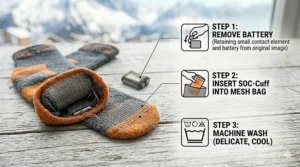Icons showing care and washing instructions for electronic heated socks.