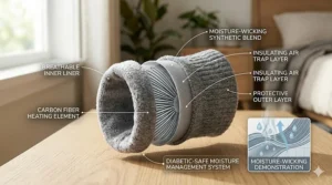 Cross-section view of breathable, moisture-wicking fabric layers used in diabetic safe heated socks to keep feet dry and healthy.