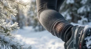 A close-up shot showing moisture droplets on the breathable, technical fabric of heated winter leggings during a run in snowy conditions.
