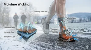 Illustration of breathable, moisture-wicking fabric used in heated socks for winter marathon training.
