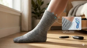 Illustration showing the wide, non-binding top of a heated sock designed to prevent leg constriction for diabetic users.