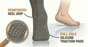Illustration highlighting the non-slip silicone traction pad grips on the bottom of heated socks to prevent falls on smooth floors.