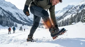 A photorealistic 4K image showing a hiker in robust boots and technical outdoor gear actively trekking through deep snow, with the cuff of their battery-operated heated sock clearly visible, demonstrating how the socks maintain warmth and circulation during cold-weather activities.