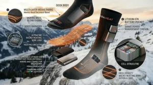 Two slim rechargeable battery packs and a USB charging cable used to power heated winter socks.