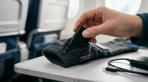 A hand inserting a compact black battery into the zippered pocket of a gray heated sock while seated in an airplane cabin.