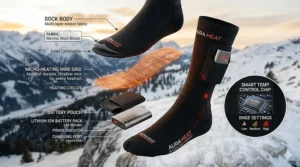 A diagram showing the internal components of rechargeable heated socks including the heating wires and battery pocket.