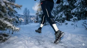 A runner on a snowy trail at dusk, highlighting the reflective strips on the leggings for increased visibility.