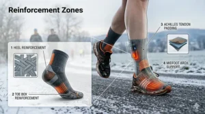 Detailed view of the reinforced heel and toe padding on heated socks designed for high-mileage marathon training.