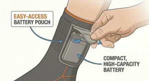 Close-up diagram of a heated sock showing a secure, easy-access side pouch for a lightweight battery pack.