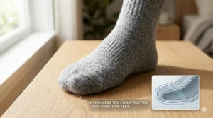 A close-up diagram highlighting the smooth, seamless toe area of a diabetic safe heated sock to prevent skin irritation.