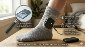 Illustration of a slim, lightweight battery pack securely tucked into a side pocket of a diabetic safe heated sock.