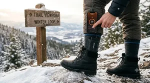 A hiker standing on a snowy trail checking a mobile app on their phone that shows temperature control settings for their heated socks.