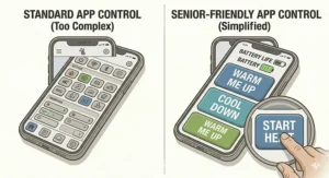 Digital comparison illustration showing a simplified, high-contrast smartphone app interface with large buttons for seniors compared to a standard complex interface.